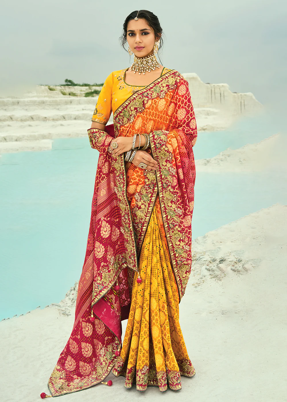 Traditional Red Mustard Embroidered Bandhej Designer Saree - Image 4