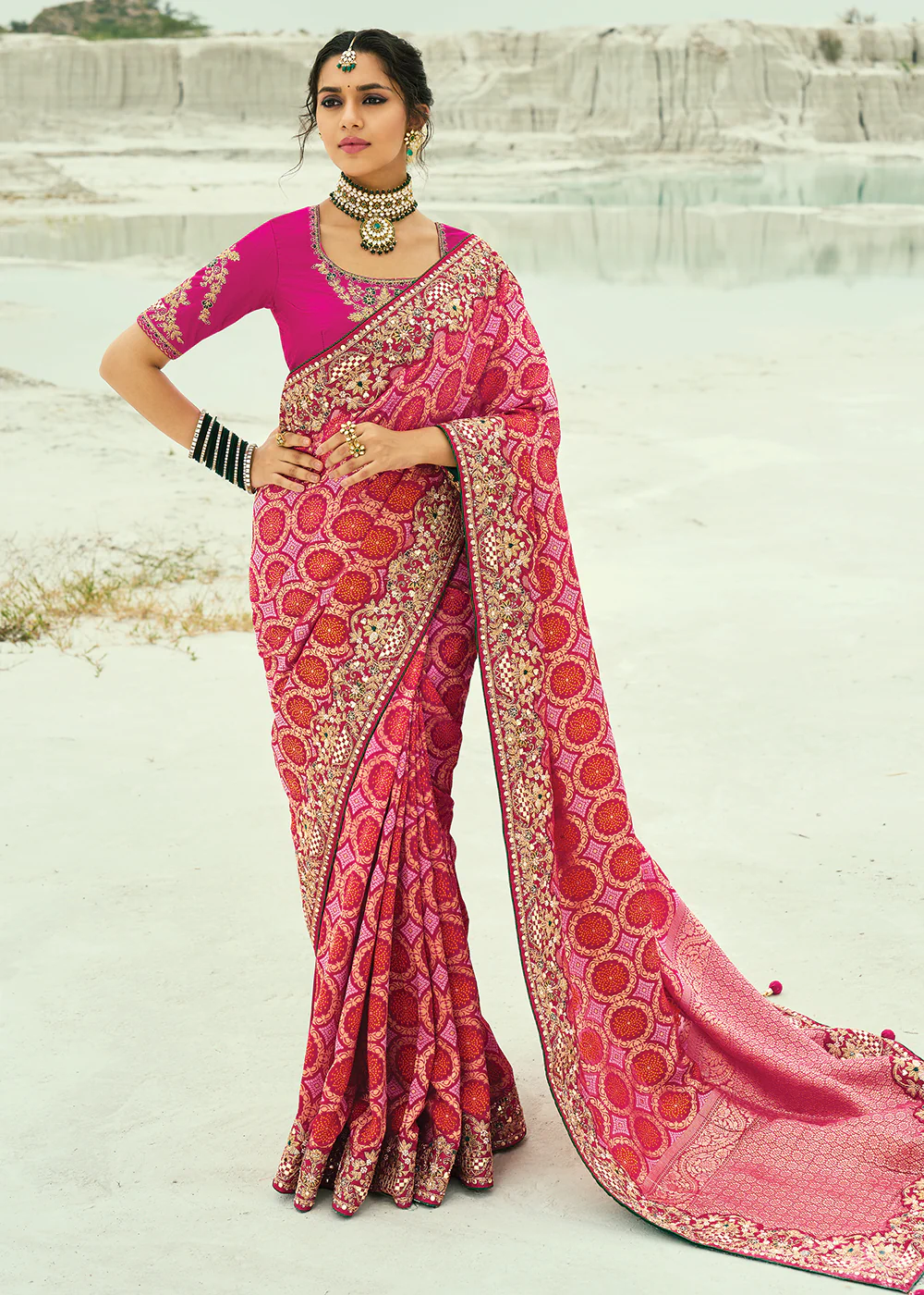 Traditional Red Rani Embroidered Bandhej Designer Saree
