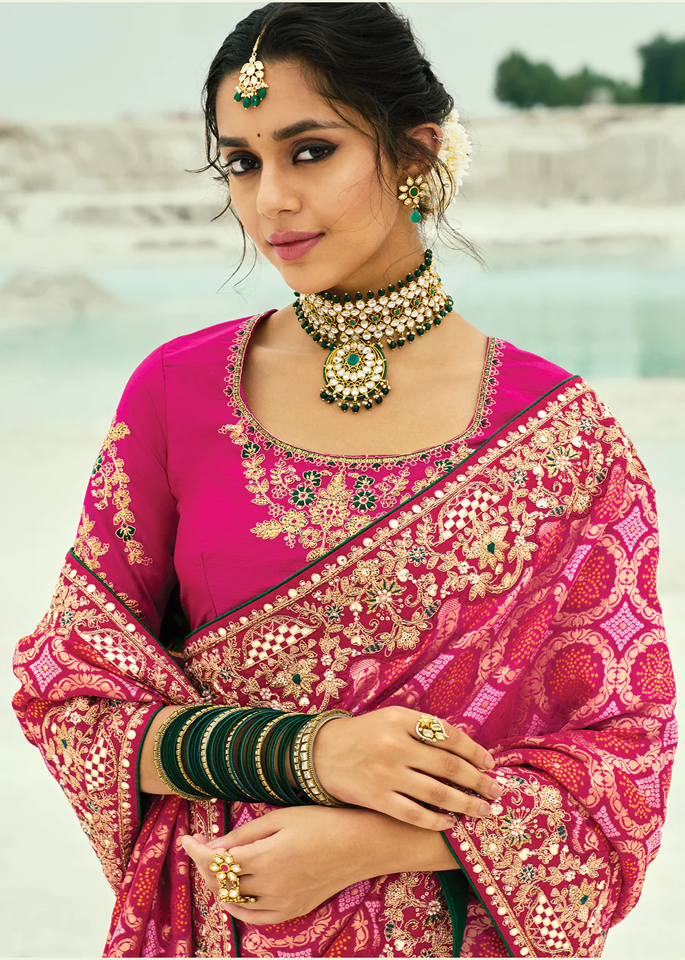 Traditional Red Rani Embroidered Bandhej Designer Saree - Image 2