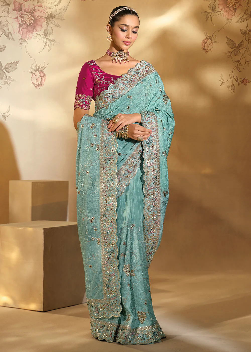 Traditional Sea Green Heavy Embroidered Wedding Bridal Saree