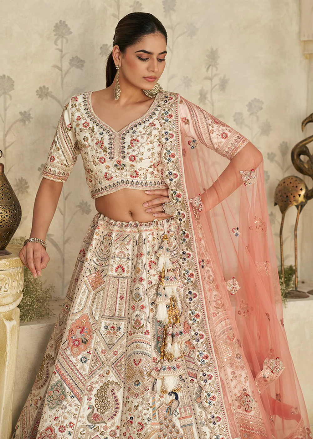 Traditional Style Cream Royal Bridal Lehenga Choli - Image 2