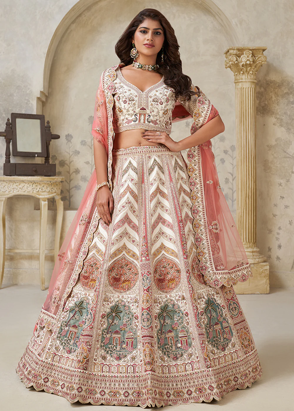 Traditional Style Cream Silk Bridal Lehenga Choli