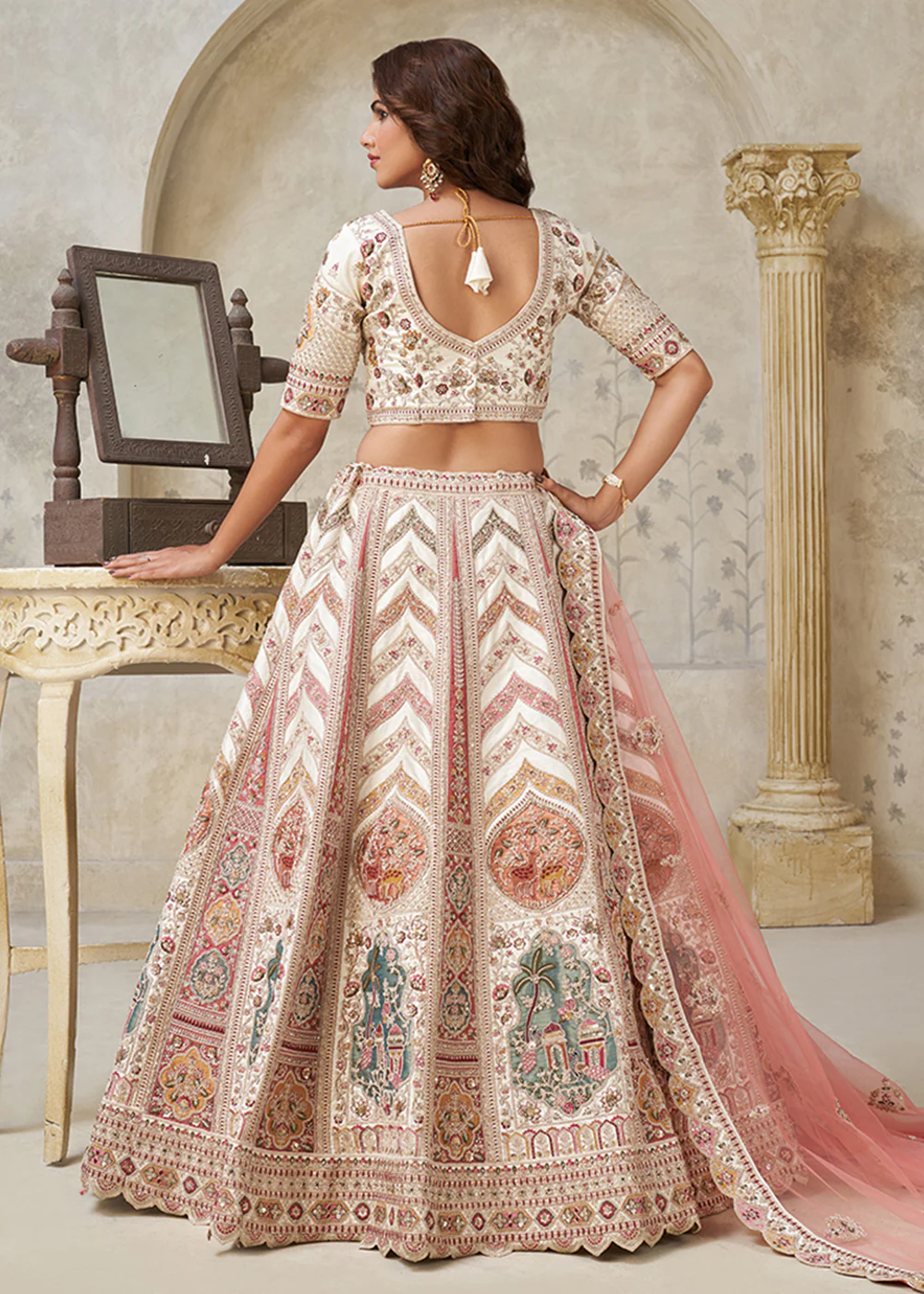 Traditional Style Cream Silk Bridal Lehenga Choli - Image 3