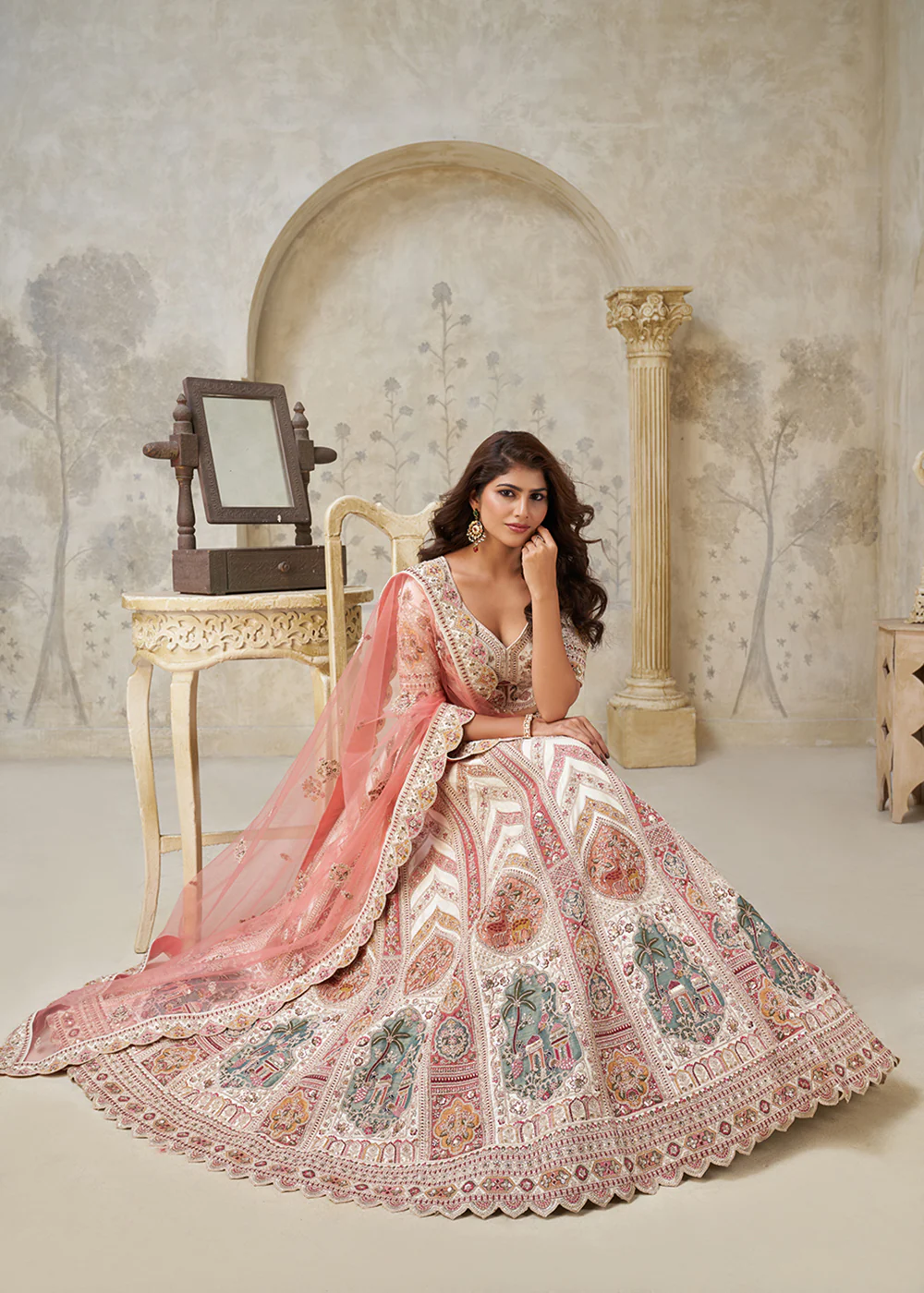 Traditional Style Cream Silk Bridal Lehenga Choli - Image 4