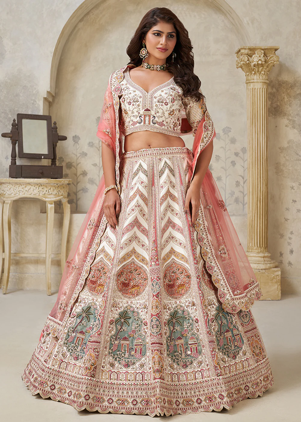 Traditional Style Cream Silk Bridal Lehenga Choli - Image 5