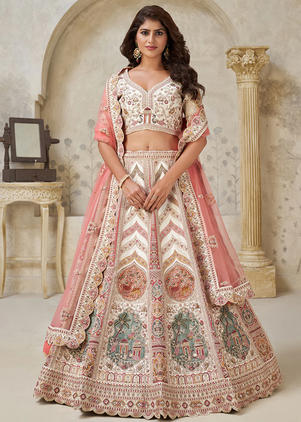 Traditional Style Cream Silk Bridal Lehenga Choli - Image 6