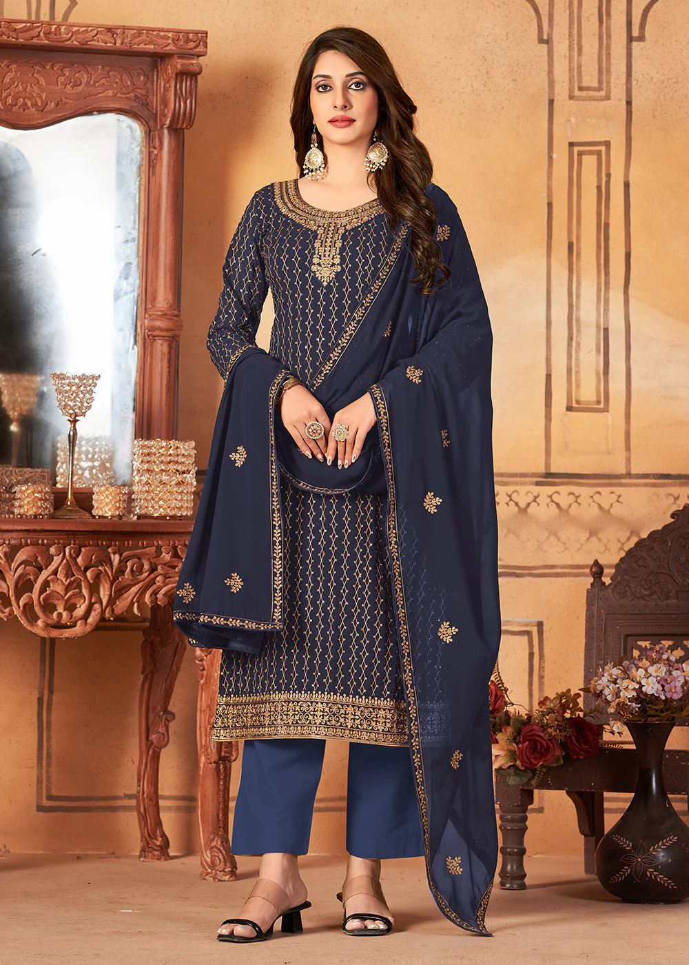 Traditional Tempting Navy Blue Embroidered Festival Salwar Suit - Image 3