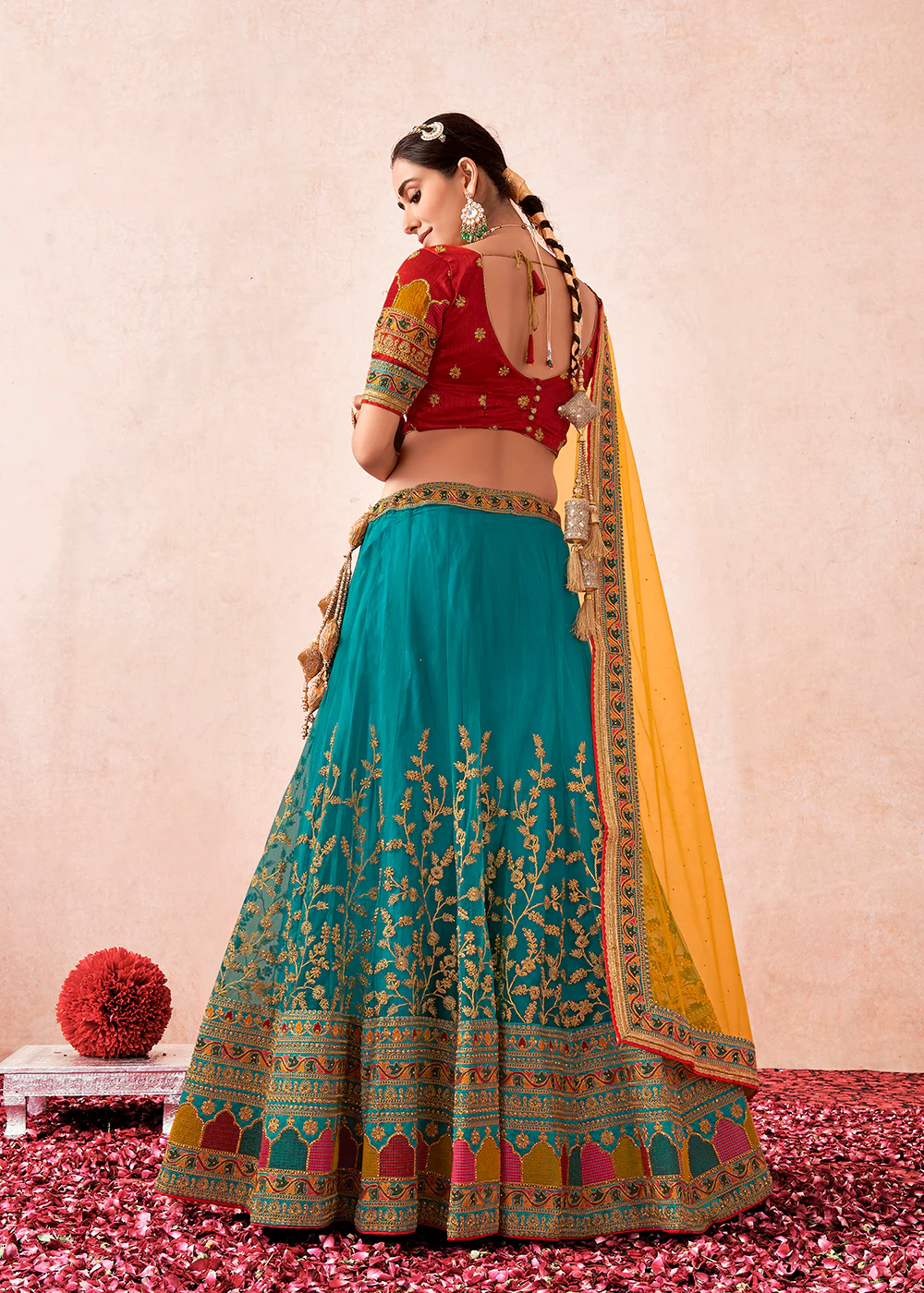 Traditional Turquoise & Maroon Kalidar Embroidered Net Lehenga Choli - Image 3