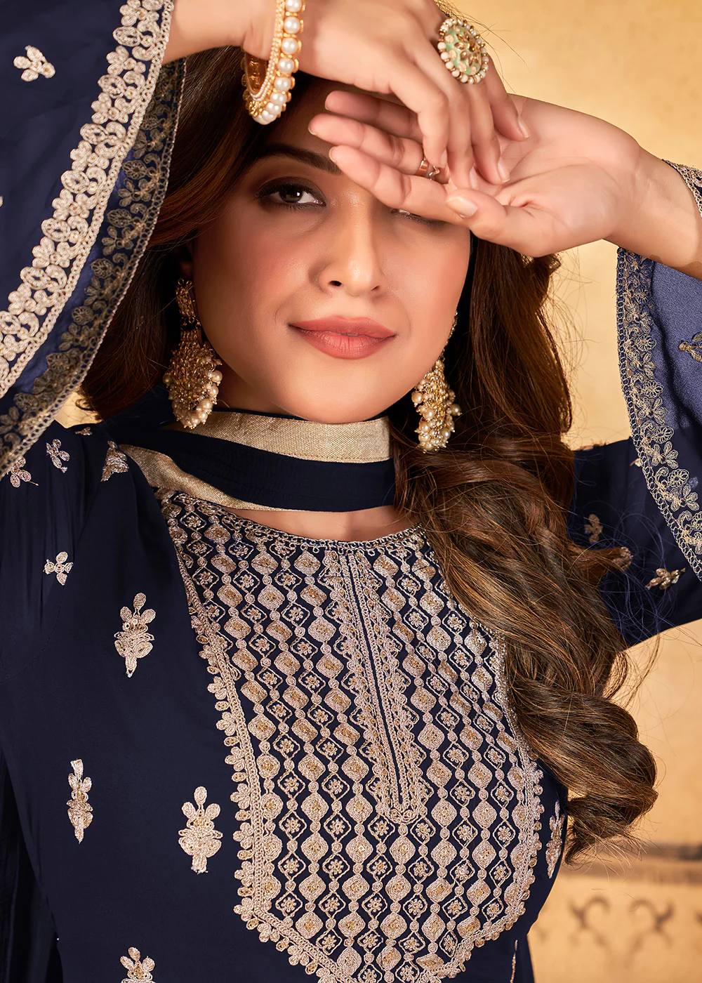 Traditional Wedding Blue Georgette Palazzo Salwar Kurta - Image 2