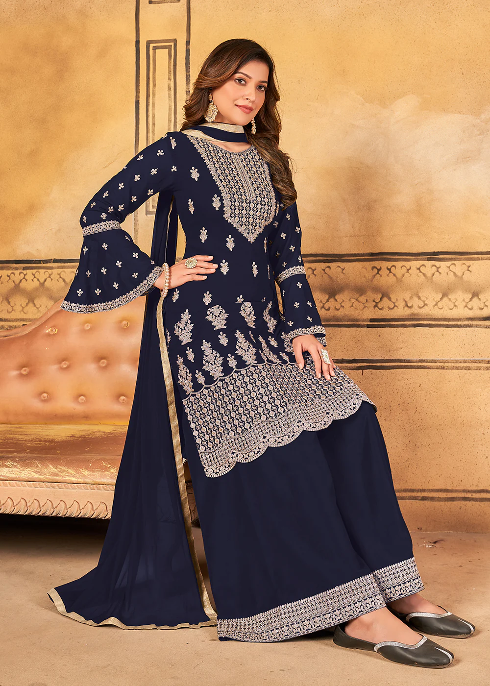 Traditional Wedding Blue Georgette Palazzo Salwar Kurta - Image 3