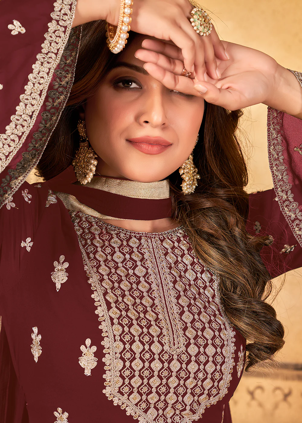 Traditional Wedding Maroon Georgette Palazzo Salwar Kurta - Image 2