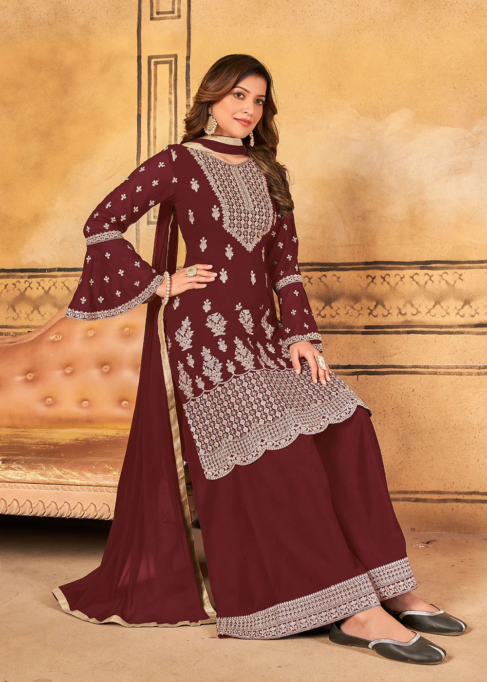 Traditional Wedding Maroon Georgette Palazzo Salwar Kurta - Image 3