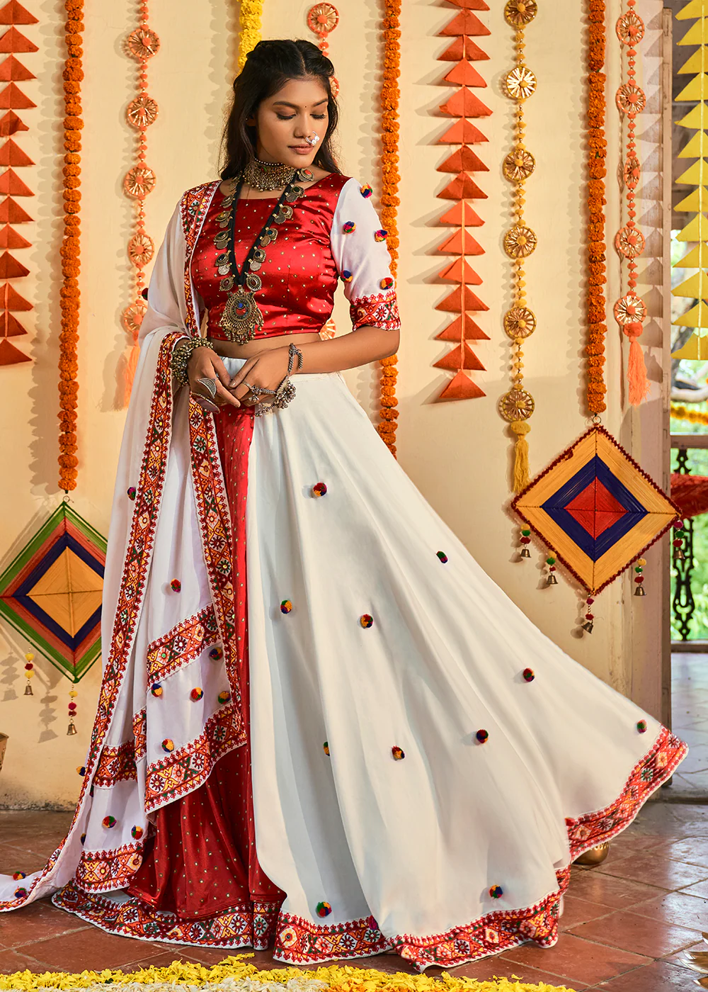 Traditional White & Red Maslin Cotton Navratri Chaniya Choli