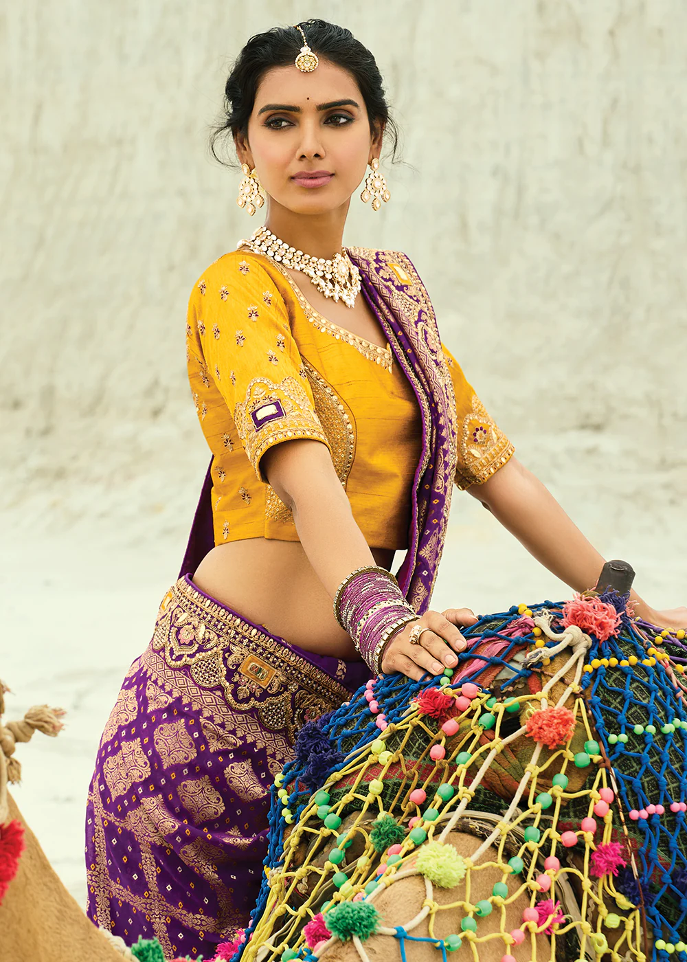Traditional Wine Embroidered Bandhej Designer Saree - Image 2