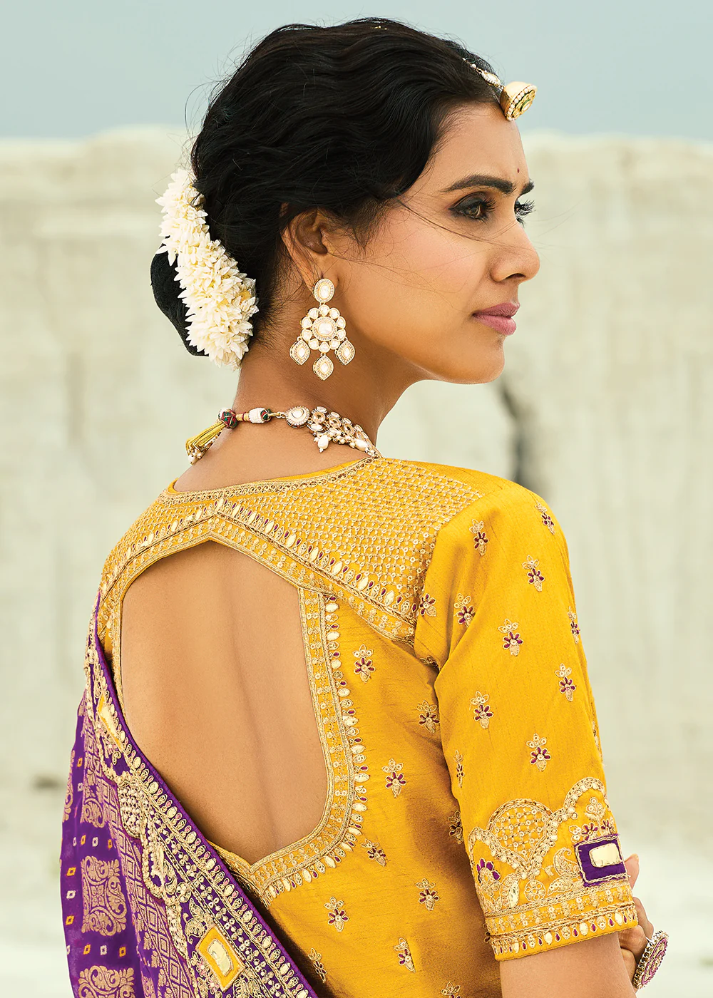 Traditional Wine Embroidered Bandhej Designer Saree - Image 3