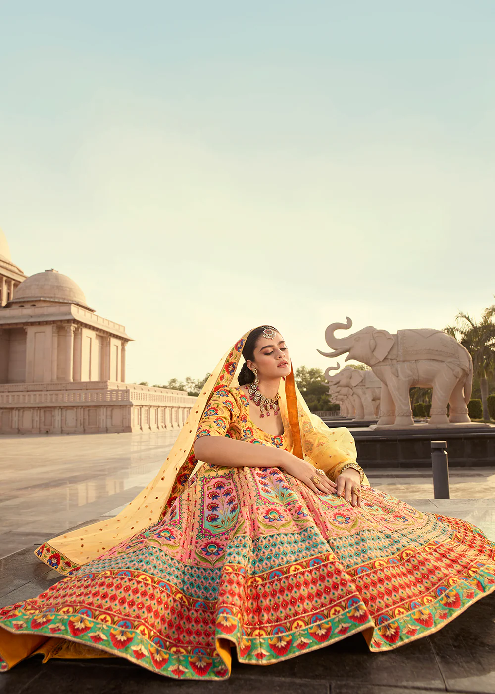 Traditional Yellow Diamond Work Bridal Lehenga Choli - Image 3