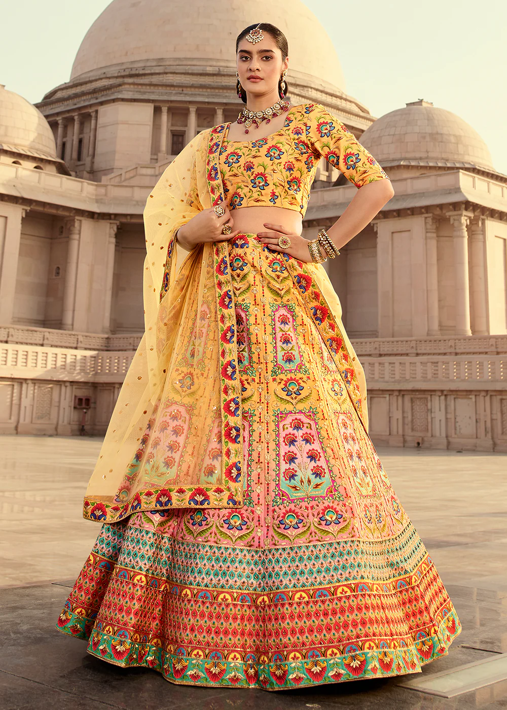 Traditional Yellow Diamond Work Bridal Lehenga Choli - Image 4