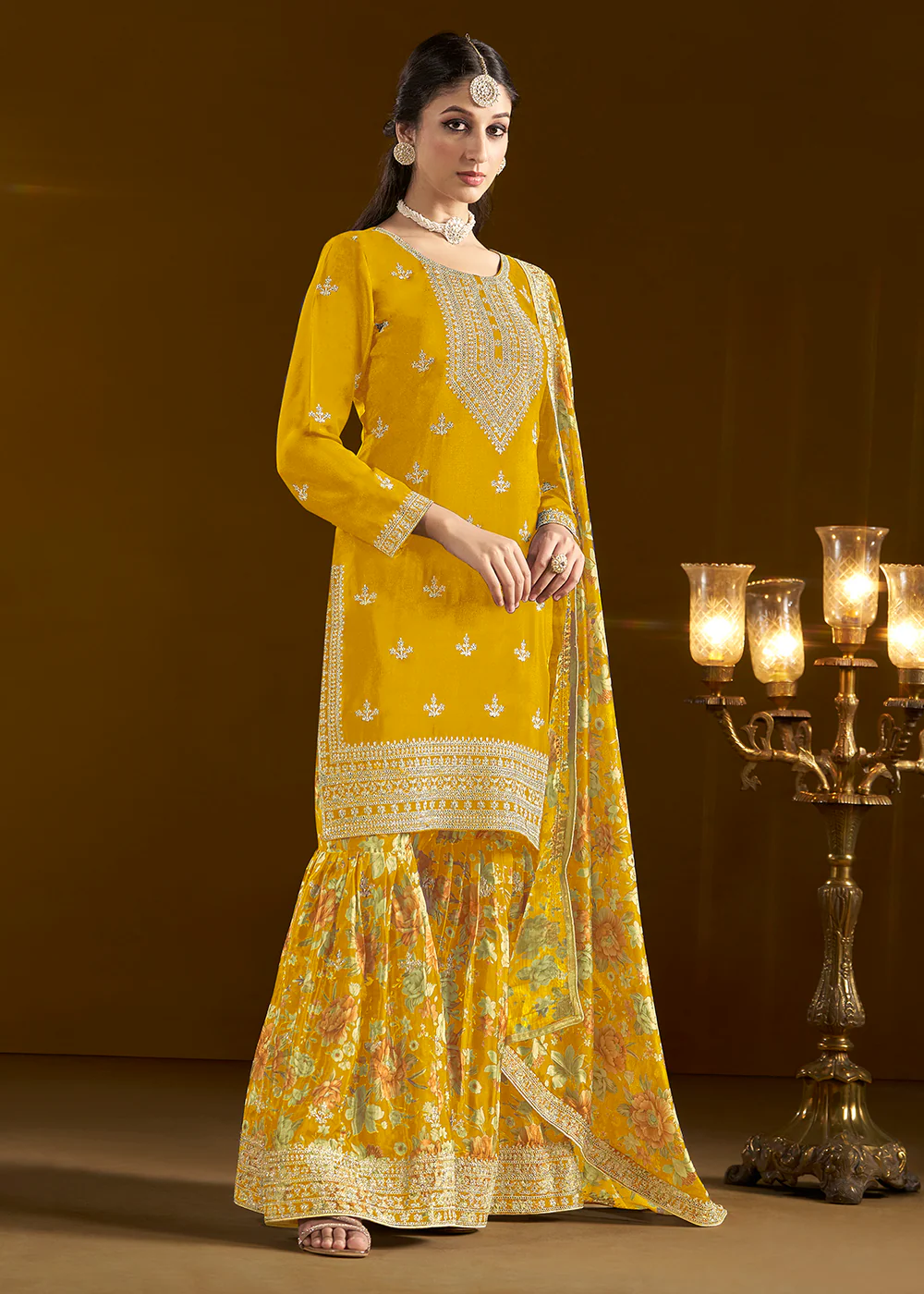 Traditional Yellow Embroidered Chinnon Festive Gharara Suit - Image 3