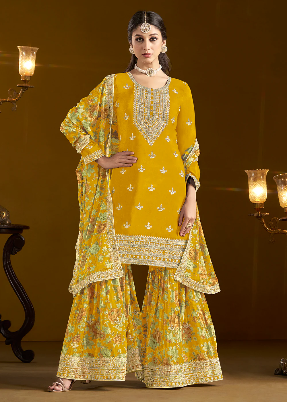 Traditional Yellow Embroidered Chinnon Festive Gharara Suit - Image 4