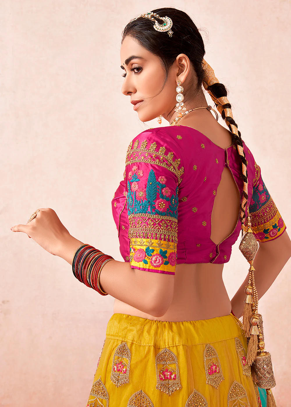Traditional Yellow & Magenta Kalidar Embroidered Net Lehenga Choli - Image 4