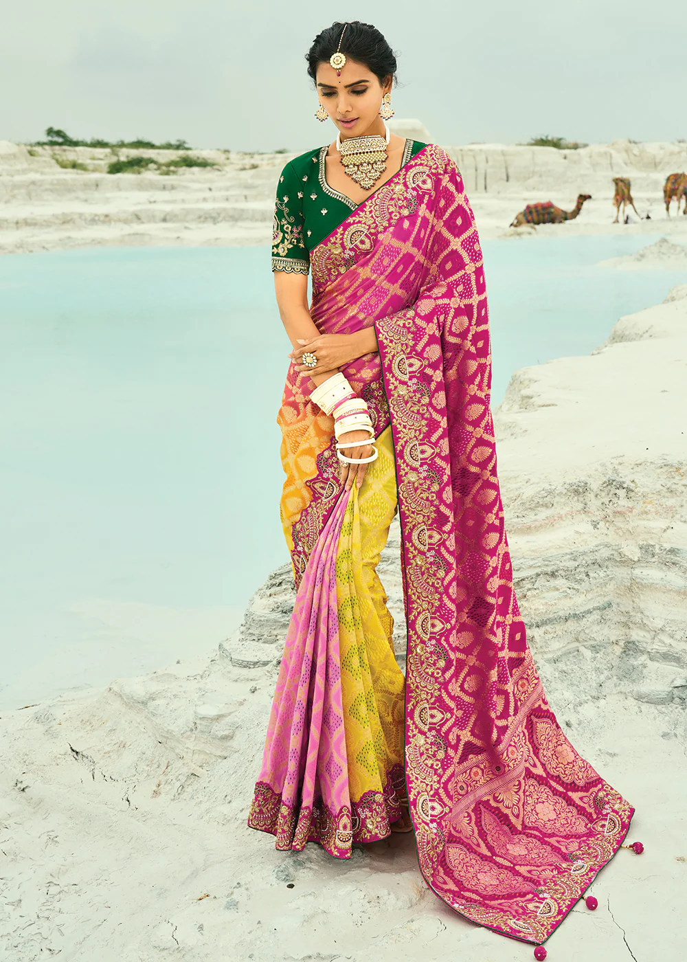 Traditional Yellow Rani Embroidered Bandhej Designer Saree