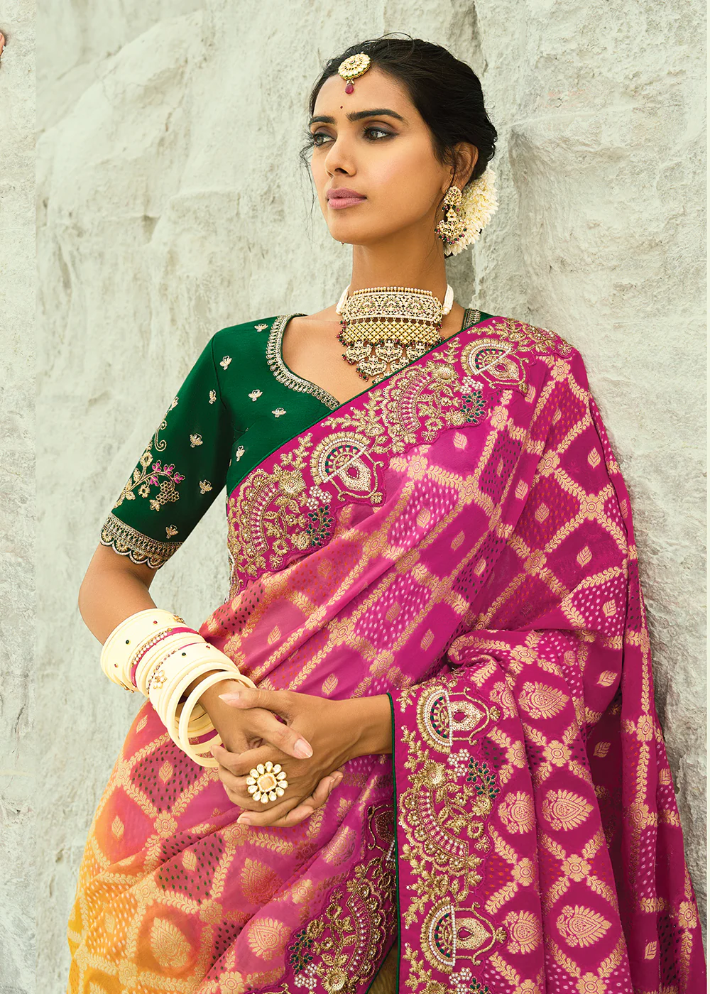 Traditional Yellow Rani Embroidered Bandhej Designer Saree - Image 2