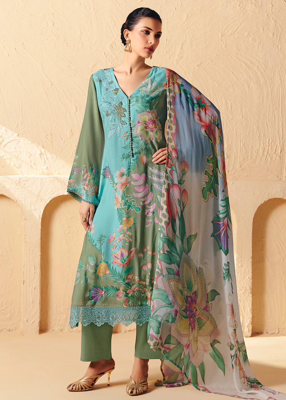Trendy Aqua Blue Printed Pant Style Salwar Suit