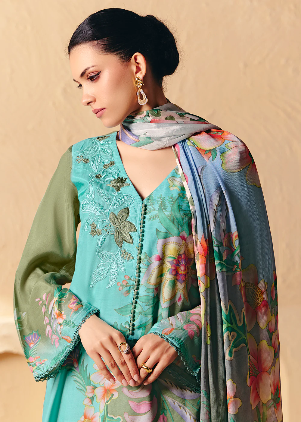 Trendy Aqua Blue Printed Pant Style Salwar Suit - Image 2