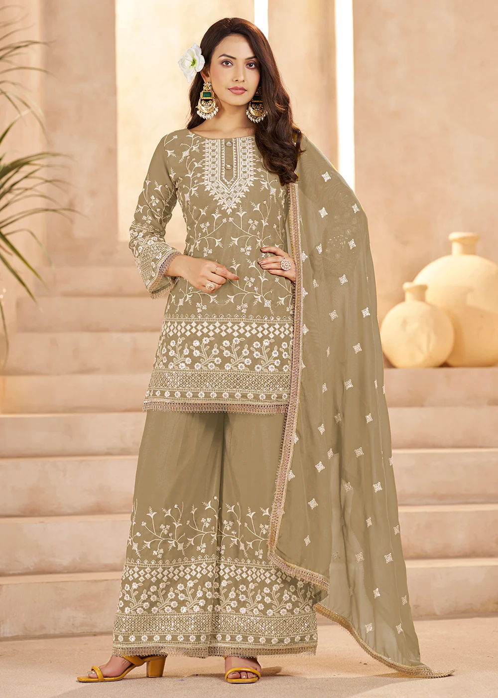 Trendy Beige Color Embroidered Georgette Palazzo Suit