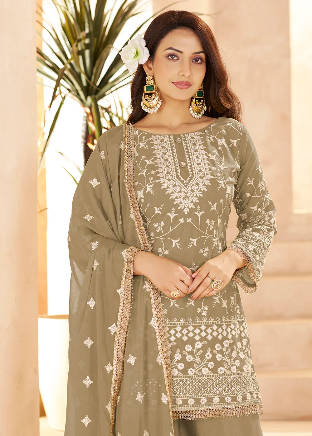 Trendy Beige Color Embroidered Georgette Palazzo Suit - Image 2