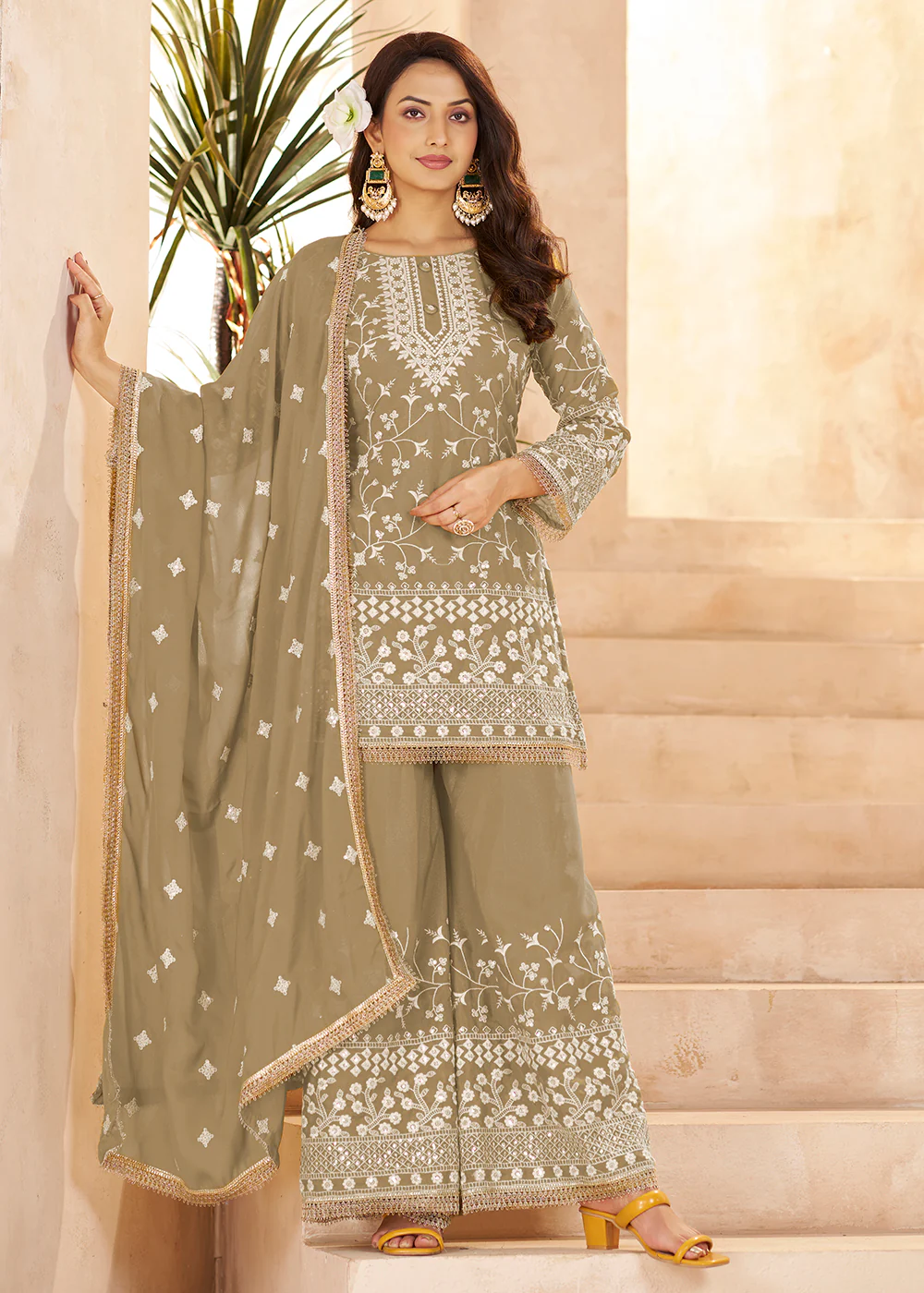 Trendy Beige Color Embroidered Georgette Palazzo Suit - Image 3