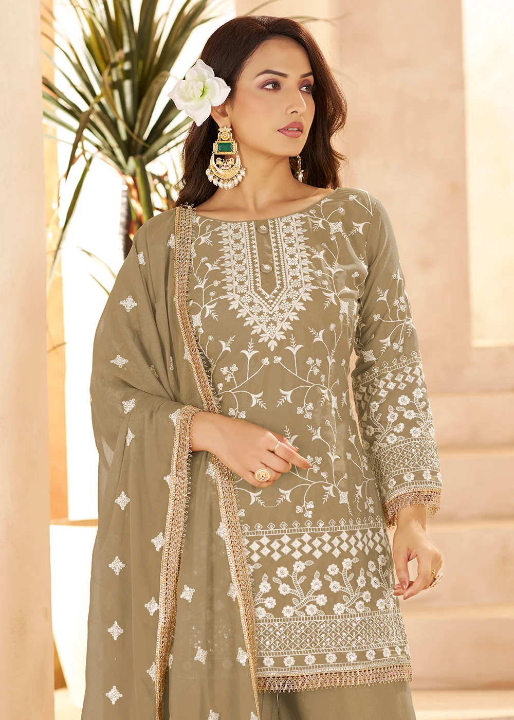 Trendy Beige Color Embroidered Georgette Palazzo Suit - Image 4