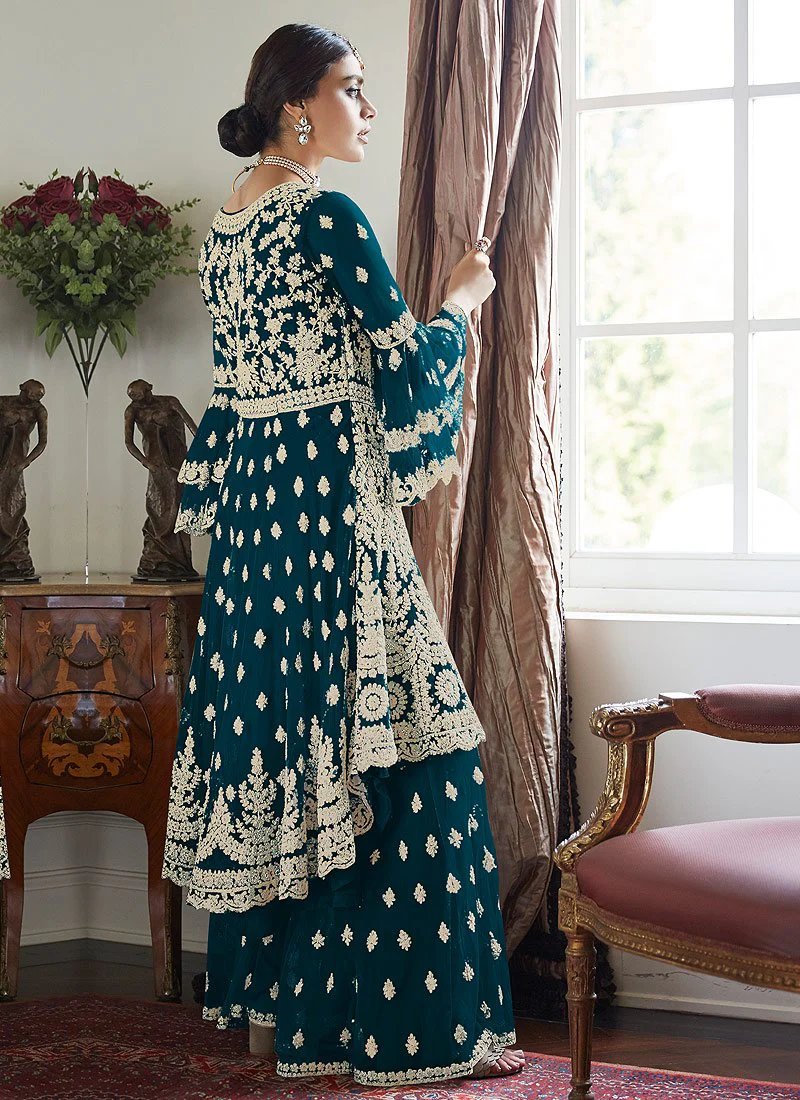 Trendy Bell Sleeved Embroidered Sharara in Nile Blue - Image 2