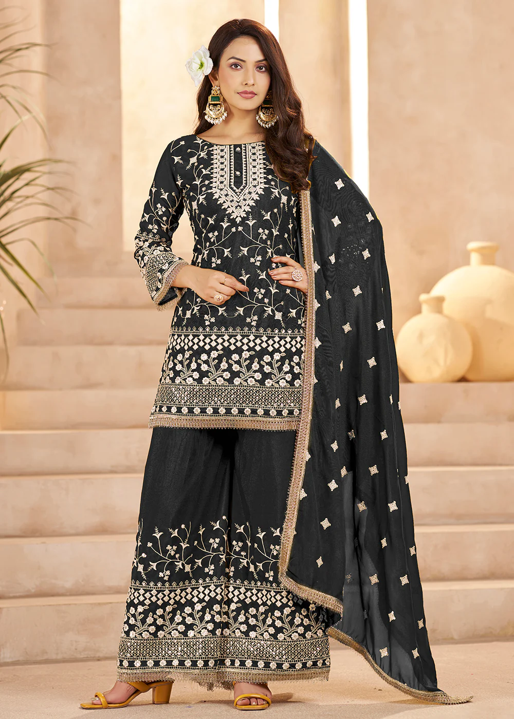 Trendy Black Color Embroidered Georgette Palazzo Suit