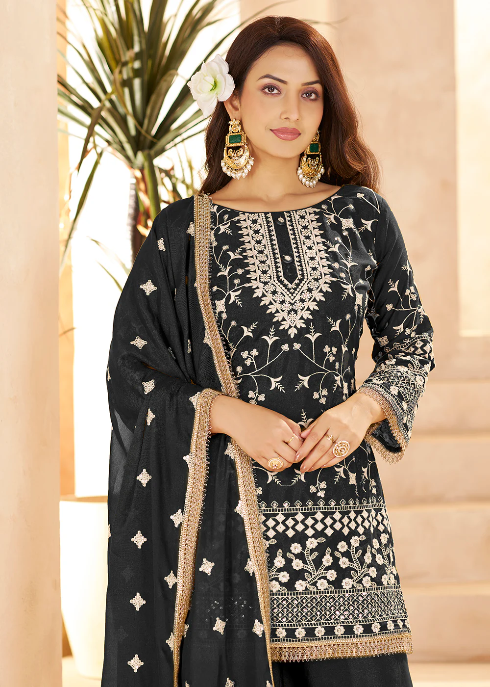 Trendy Black Color Embroidered Georgette Palazzo Suit - Image 2