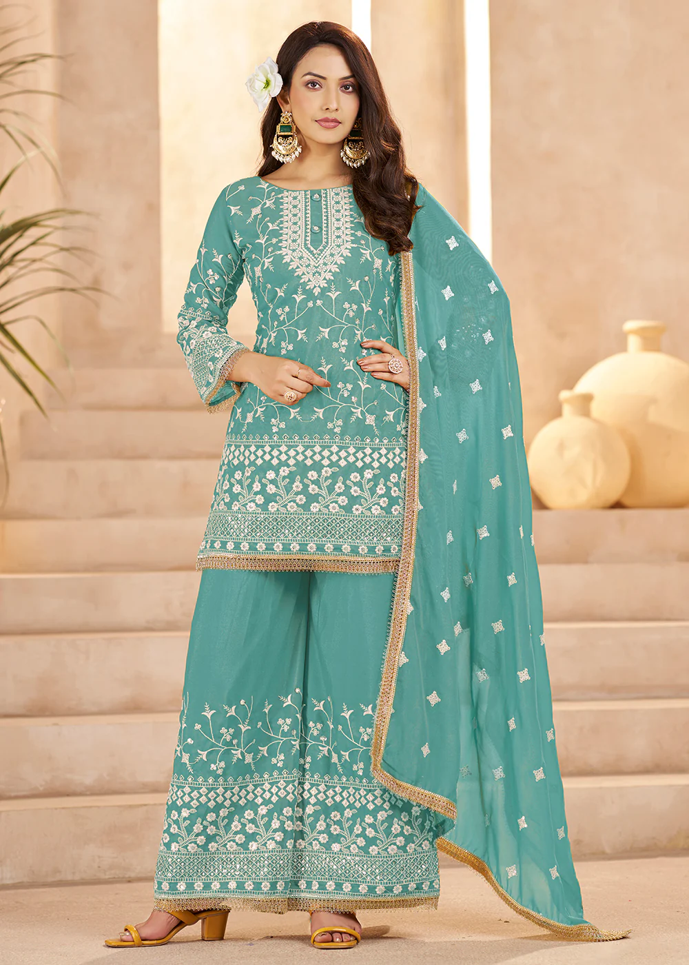 Trendy Blue Color Embroidered Georgette Palazzo Suit