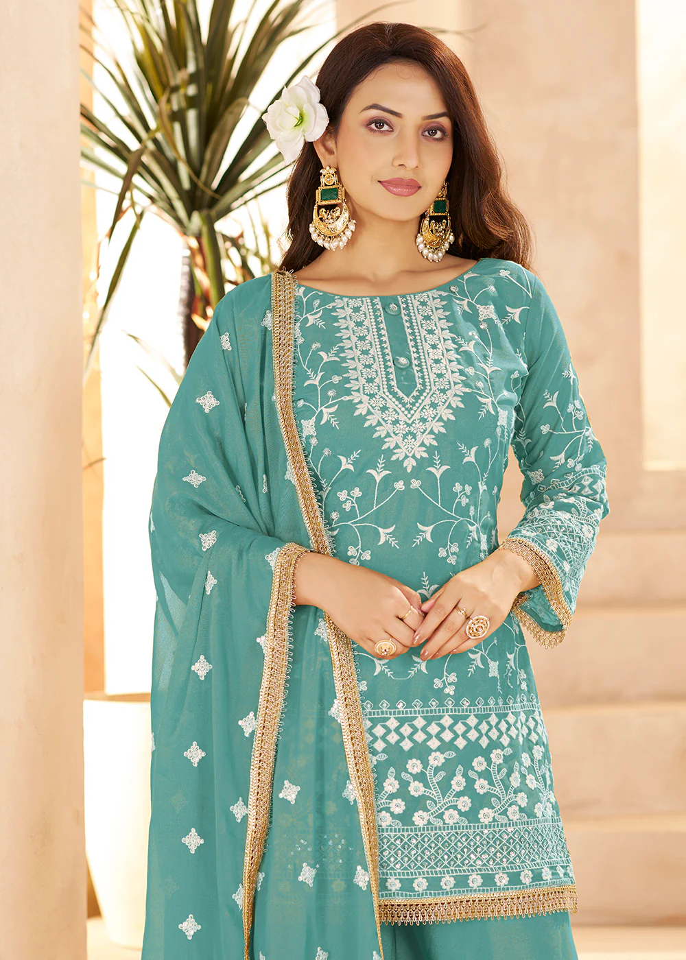 Trendy Blue Color Embroidered Georgette Palazzo Suit - Image 2