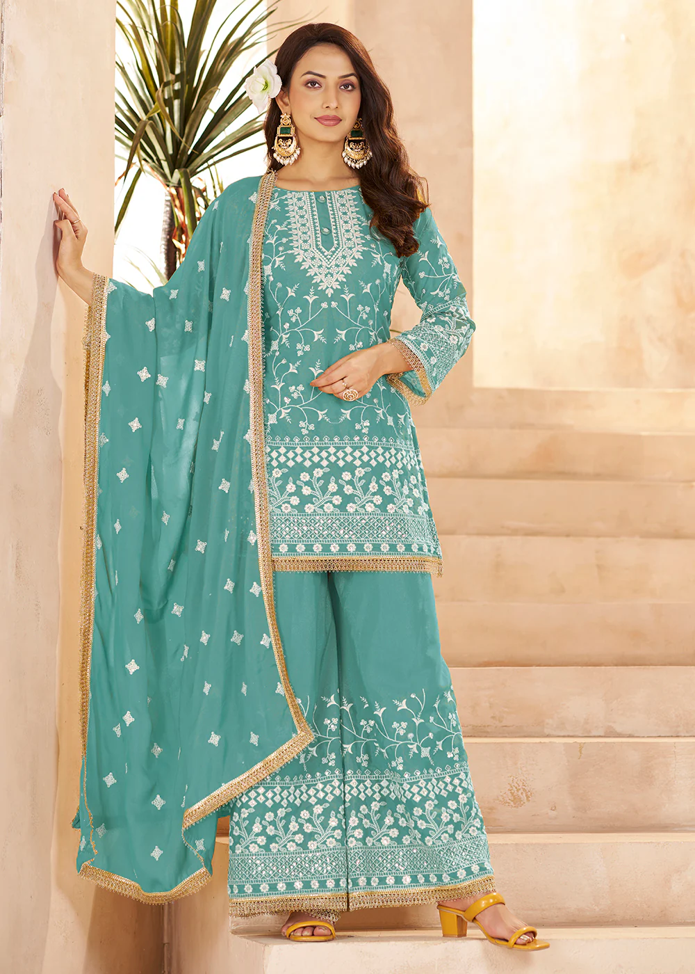 Trendy Blue Color Embroidered Georgette Palazzo Suit - Image 3