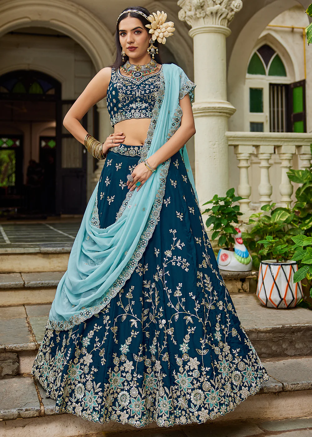 Trendy Blue Embroidered Organza Wedding Lehenga Choli