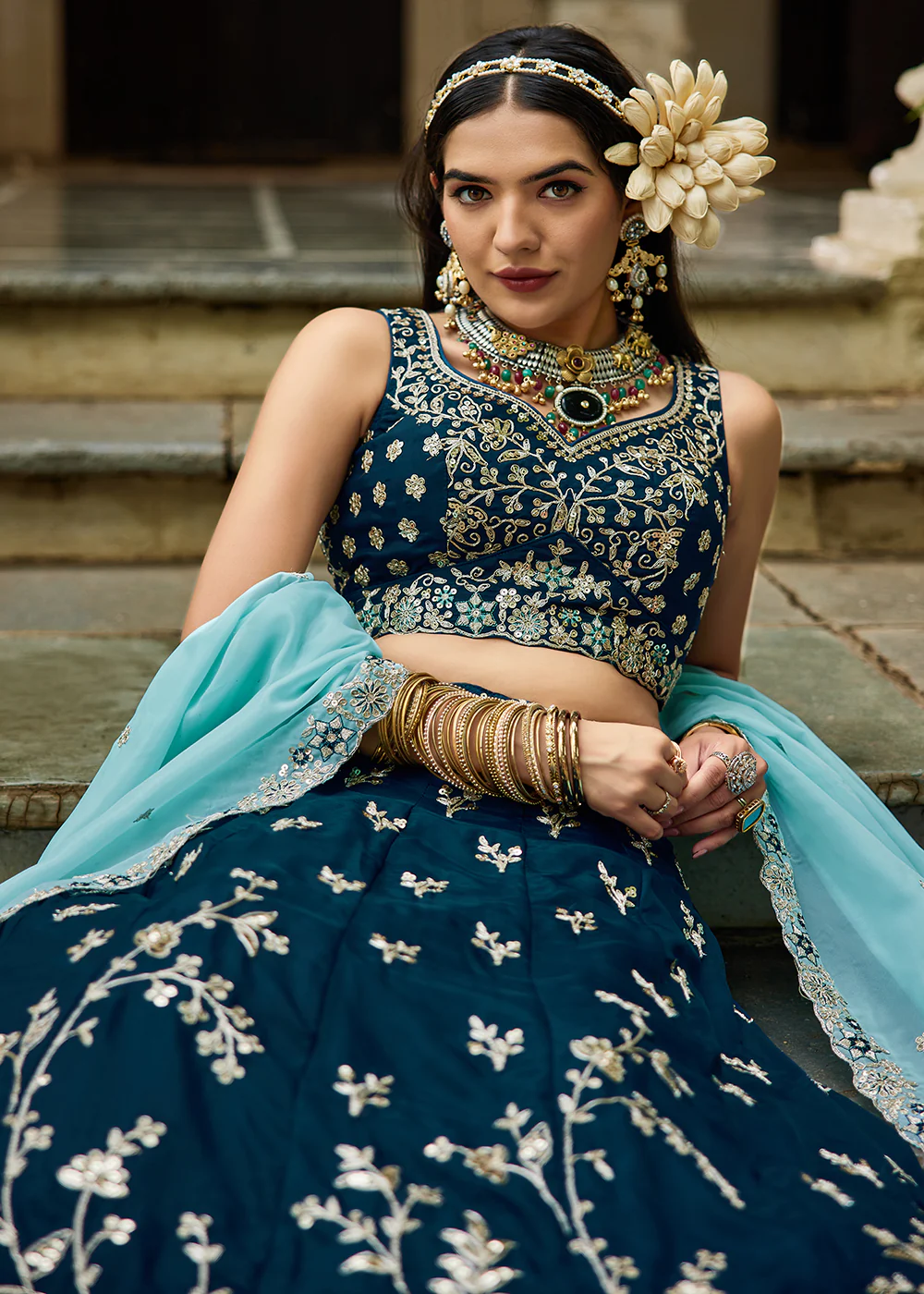 Trendy Blue Embroidered Organza Wedding Lehenga Choli - Image 6