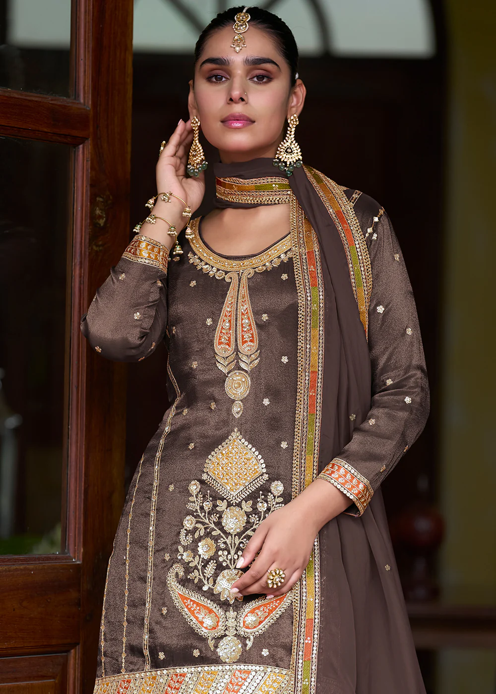 Trendy Brown Shimmer Silk Lehenga Style Suit - Image 2