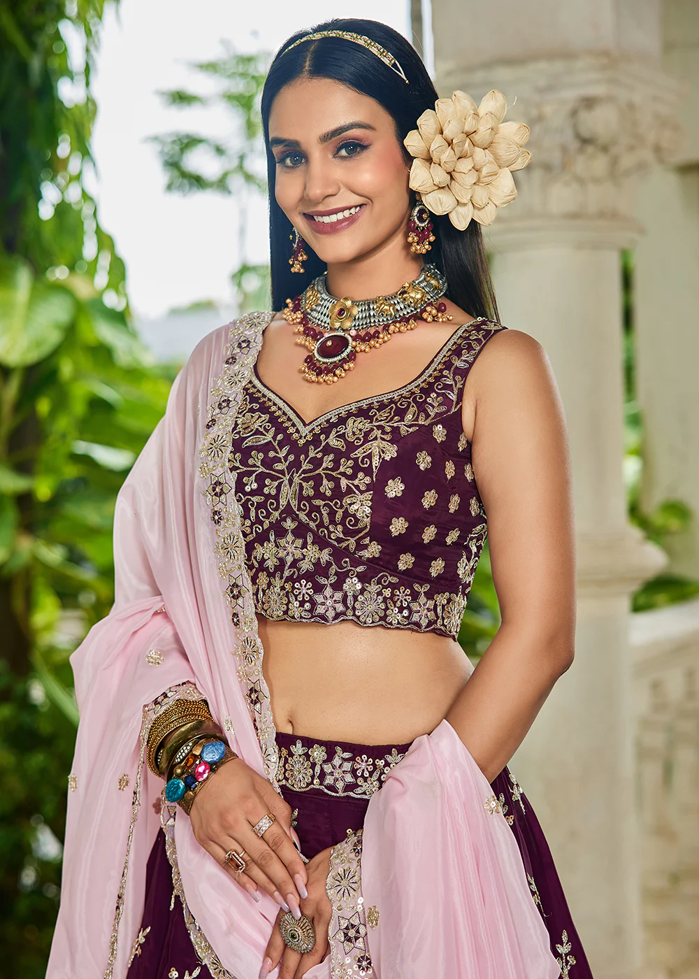 Trendy Burgundy Embroidered Organza Wedding Lehenga Choli - Image 2