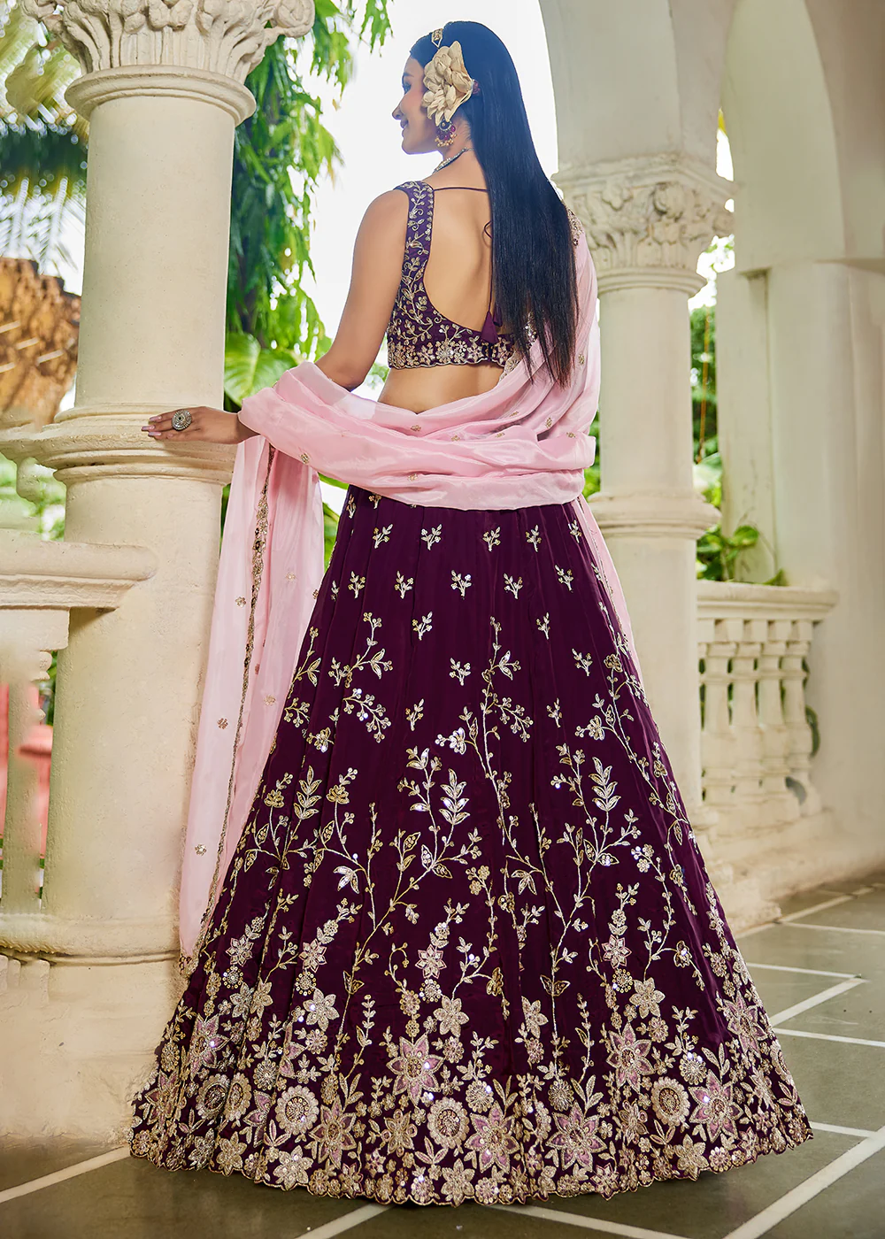 Trendy Burgundy Embroidered Organza Wedding Lehenga Choli - Image 3