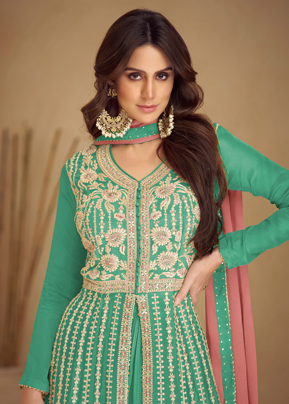 Trendy Green Embroidered Anarkali Style Palazzo Suit - Image 2