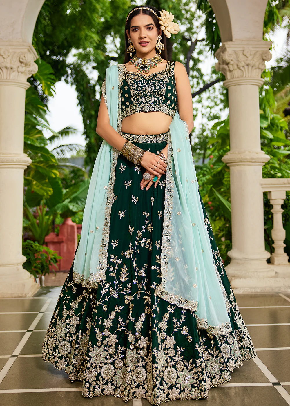 Trendy Green Embroidered Organza Wedding Lehenga Choli