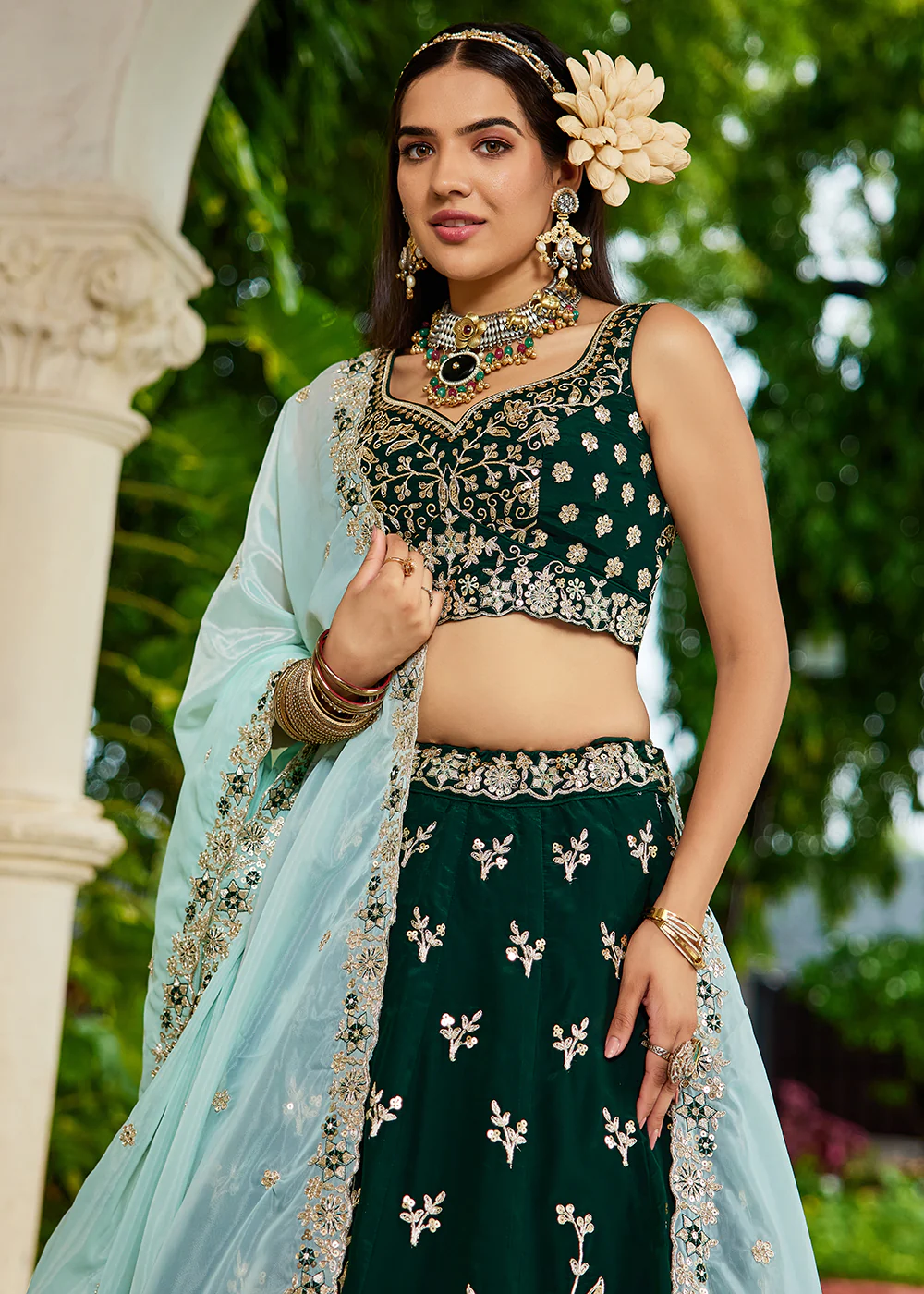 Trendy Green Embroidered Organza Wedding Lehenga Choli - Image 2