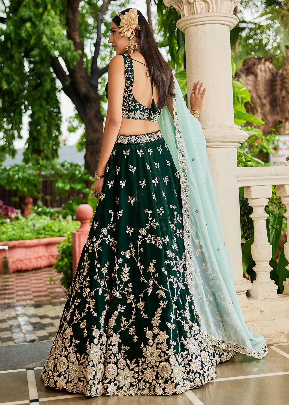 Trendy Green Embroidered Organza Wedding Lehenga Choli - Image 3