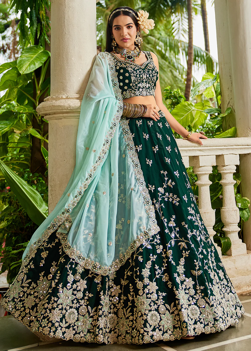 Trendy Green Embroidered Organza Wedding Lehenga Choli - Image 4