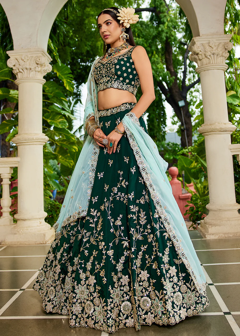 Trendy Green Embroidered Organza Wedding Lehenga Choli - Image 7