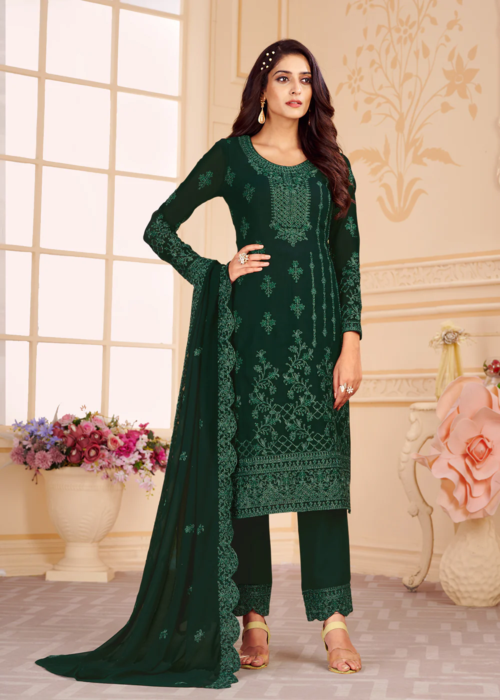 Trendy Green Georgette Eid Wear Salwar Kurta Suit - Image 3